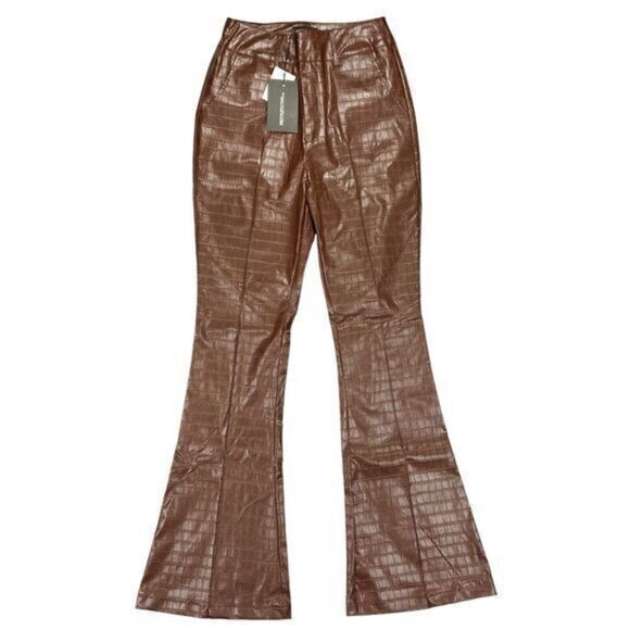 PrettyLittleThing Flare Pants Womens Size 6 Brown Faux Leather Croc Embossed New - Picture 2 of 16